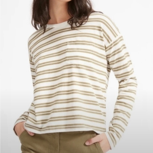 Everlane Tops - Everlane Long Sleeve Box Cut Pocket Tee Olive Green Tan Striped Shirt Size XS